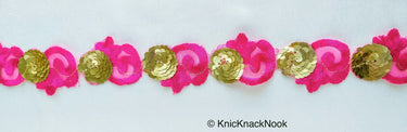 Fuchsia Pink Lace Trim, Tissue Fabric Cutwork With Floral Embroidery & Gold Sequins,